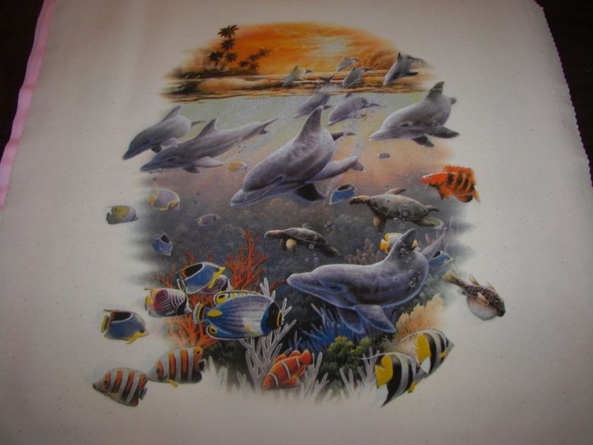 DOLPHINS TROPICAL FISH SUNSET SCENE FABRIC PANELS 14X14  