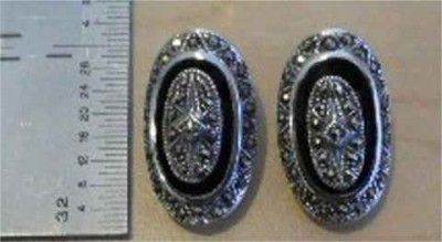 Fancy Sterling Silver Marcasite Onyx Clip On Earrings  